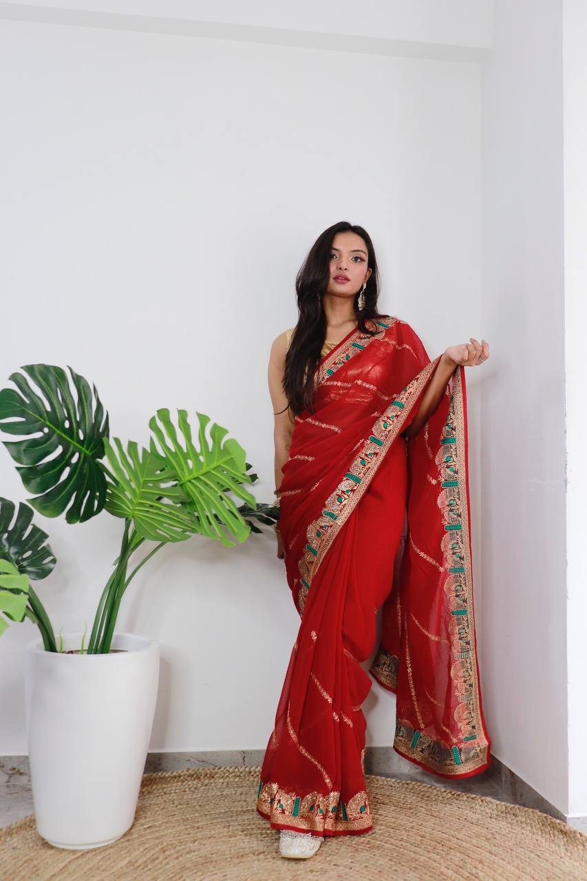 Superb Blooming Dark Colors and Viscose Thread Work Soft Refined Georgette Silk Saree with Blouse