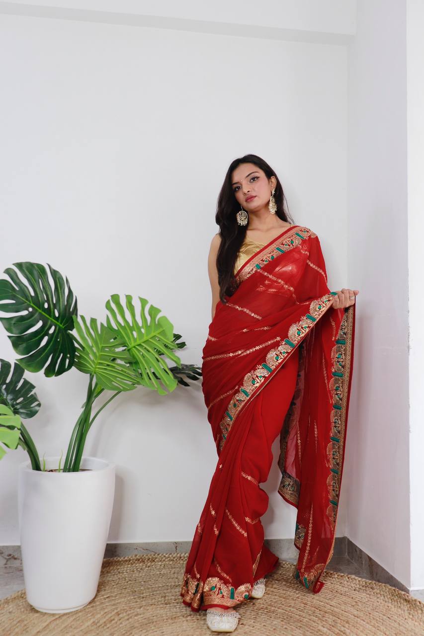 Superb Blooming Dark Colors and Viscose Thread Work Soft Refined Georgette Silk Saree with Blouse