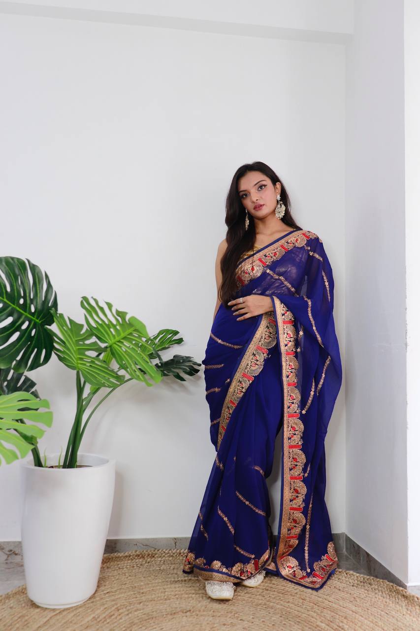 Superb Blooming Dark Colors and Viscose Thread Work Soft Refined Georgette Silk Saree with Blouse