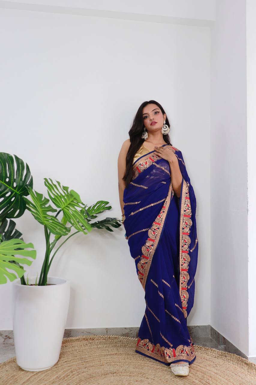 Superb Blooming Dark Colors and Viscose Thread Work Soft Refined Georgette Silk Saree with Blouse