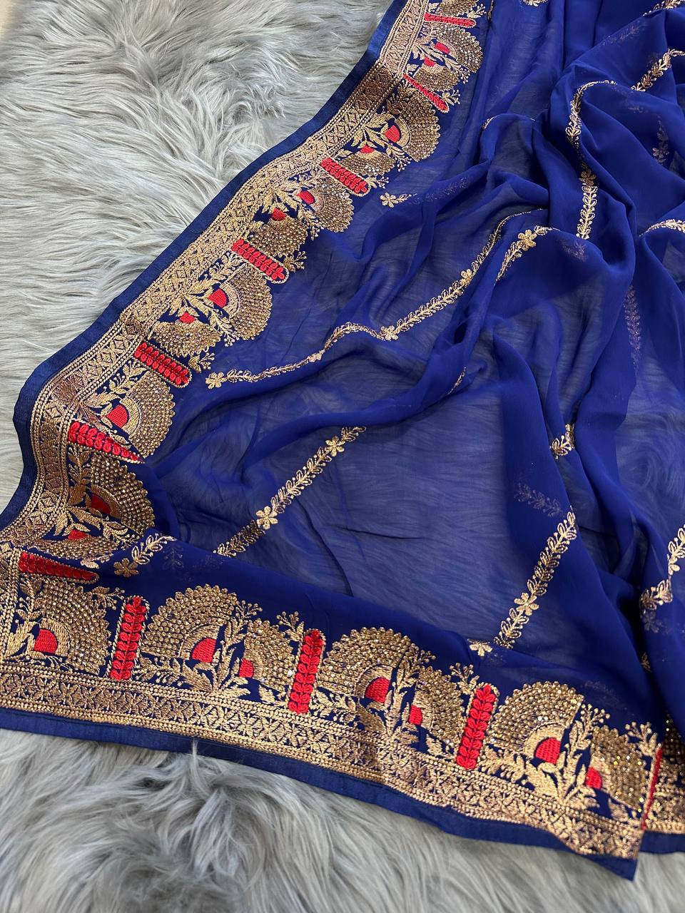 Superb Blooming Dark Colors and Viscose Thread Work Soft Refined Georgette Silk Saree with Blouse