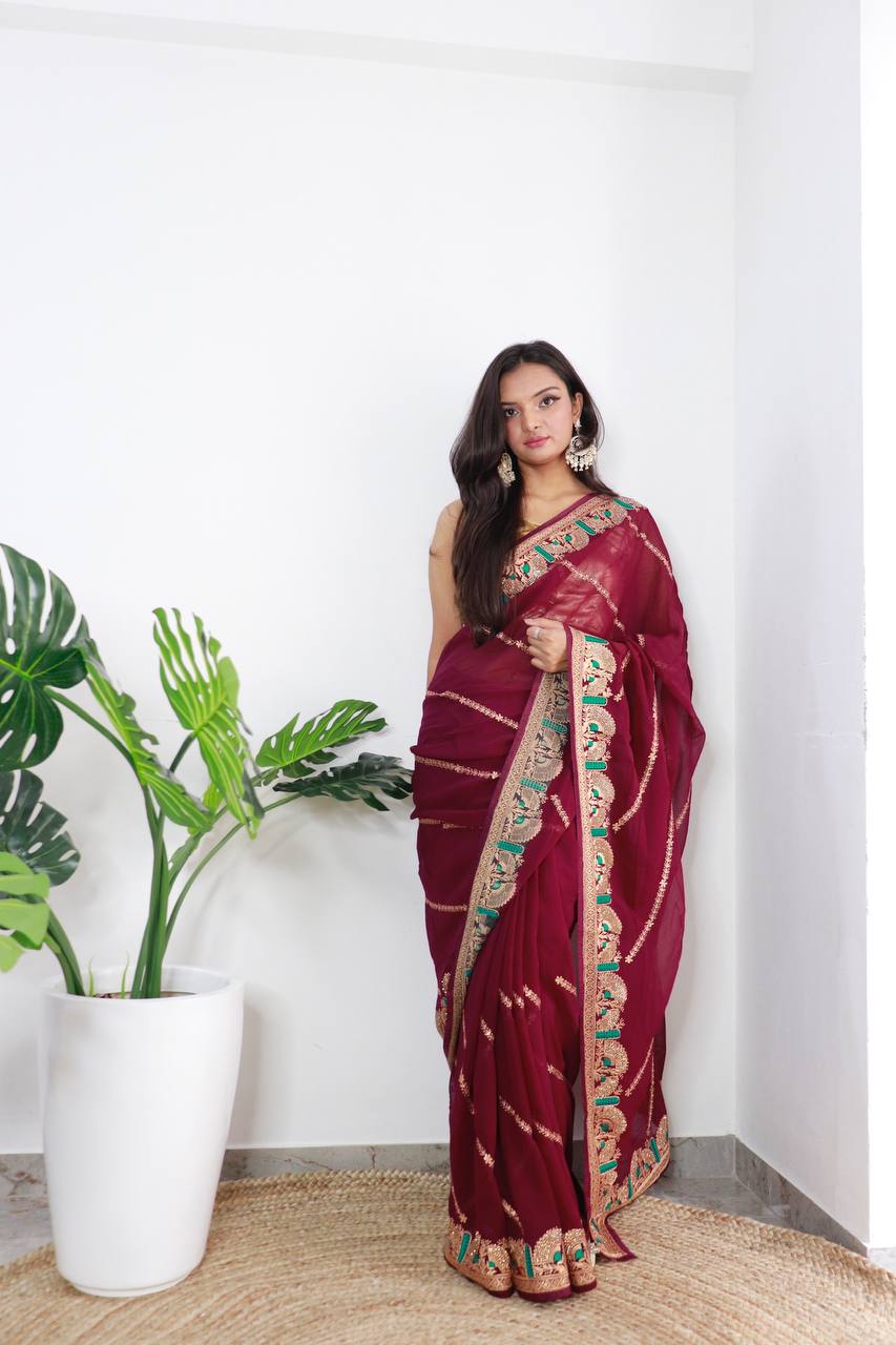 Superb Blooming Dark Colors and Viscose Thread Work Soft Refined Georgette Silk Saree with Blouse