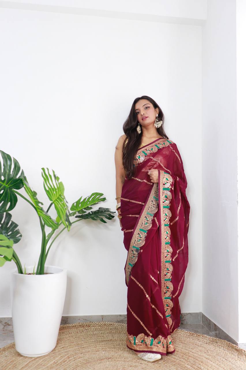 Superb Blooming Dark Colors and Viscose Thread Work Soft Refined Georgette Silk Saree with Blouse