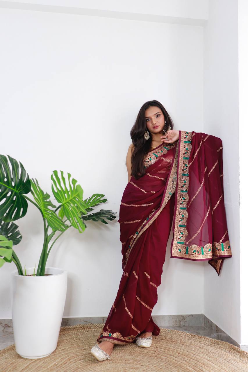 Superb Blooming Dark Colors and Viscose Thread Work Soft Refined Georgette Silk Saree with Blouse