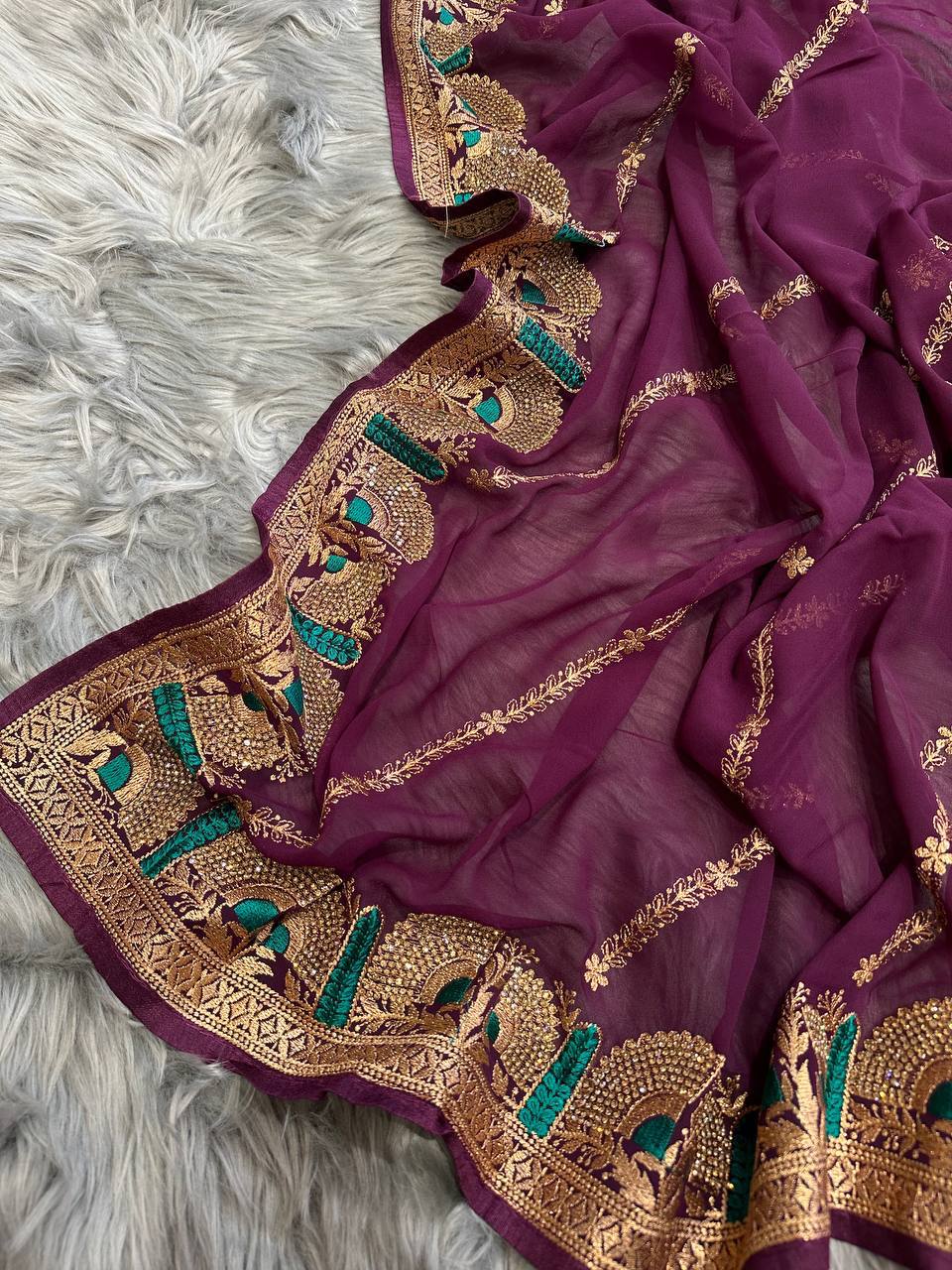 Superb Blooming Dark Colors and Viscose Thread Work Soft Refined Georgette Silk Saree with Blouse