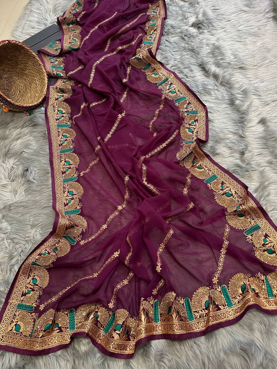 Superb Blooming Dark Colors and Viscose Thread Work Soft Refined Georgette Silk Saree with Blouse