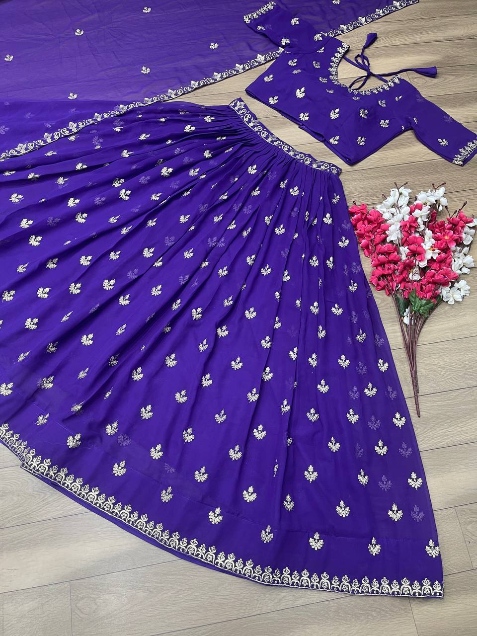 Elegant Embroidered Chinon Lehenga Choli with Dupatta