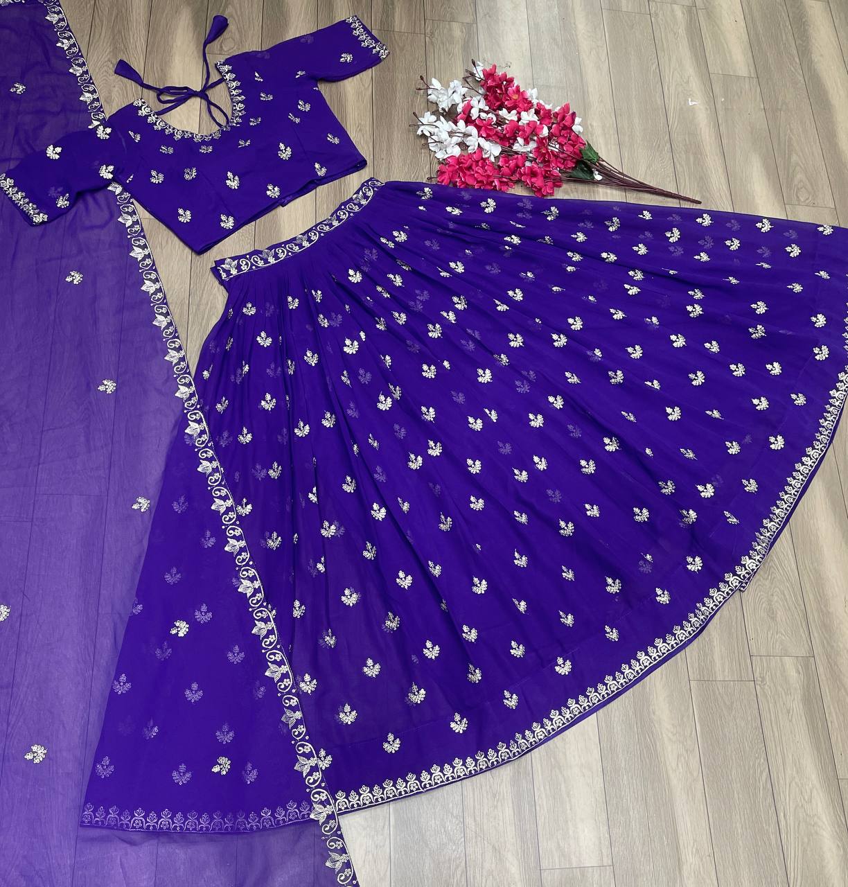 Elegant Embroidered Chinon Lehenga Choli with Dupatta