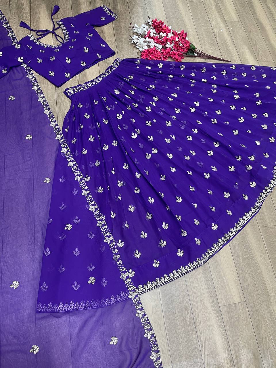 Elegant Embroidered Chinon Lehenga Choli with Dupatta