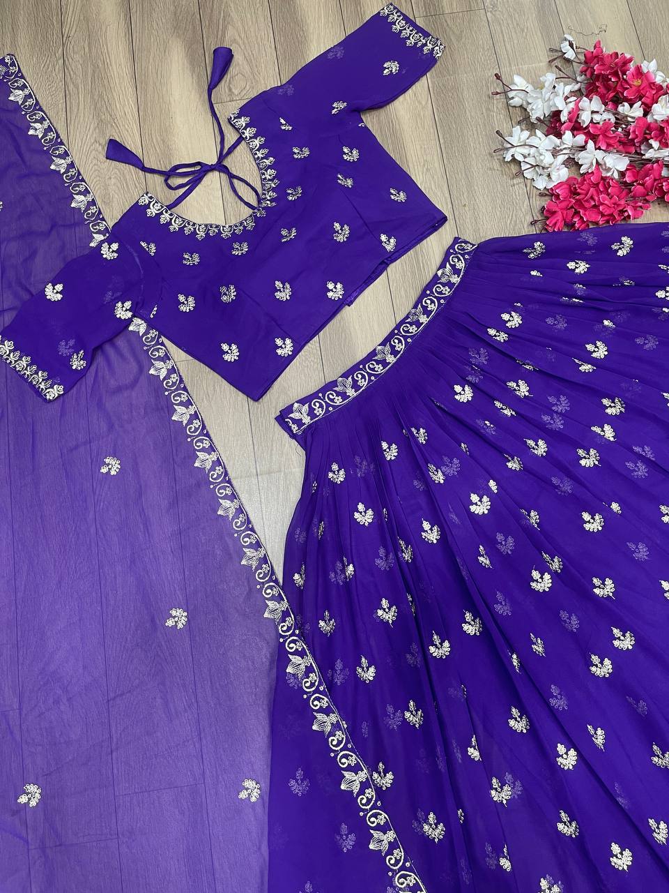 Elegant Embroidered Chinon Lehenga Choli with Dupatta