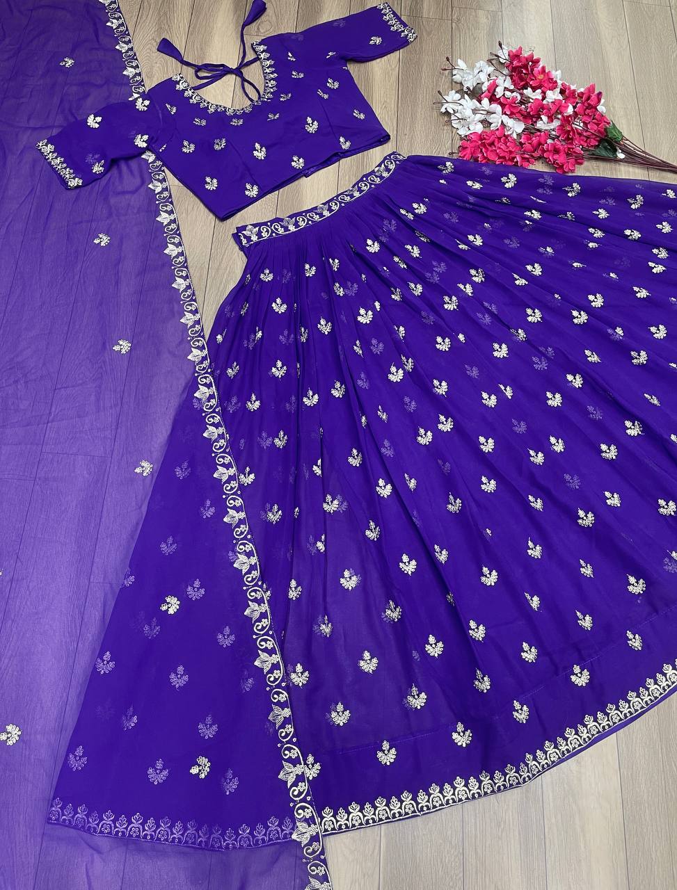 Elegant Embroidered Chinon Lehenga Choli with Dupatta