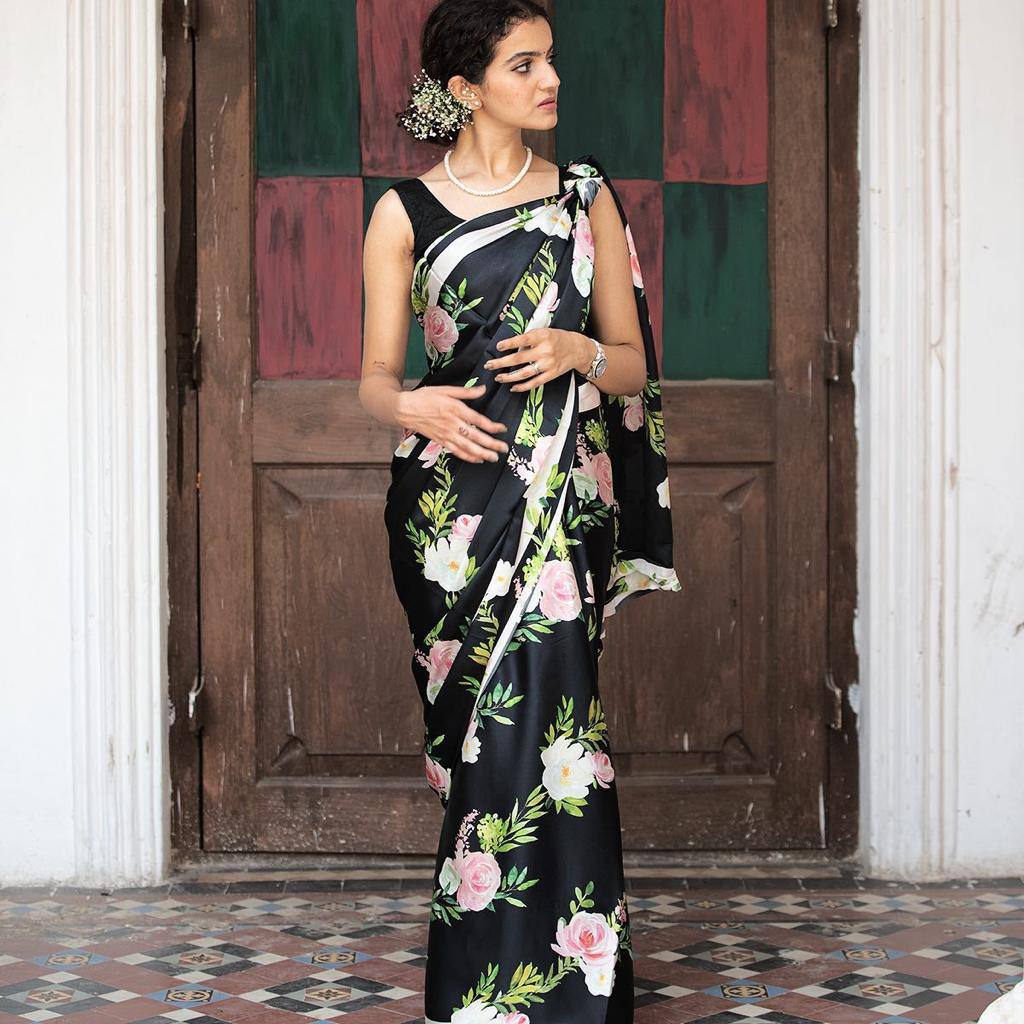 Floral Designs Printed Japan Satin Silk Saree