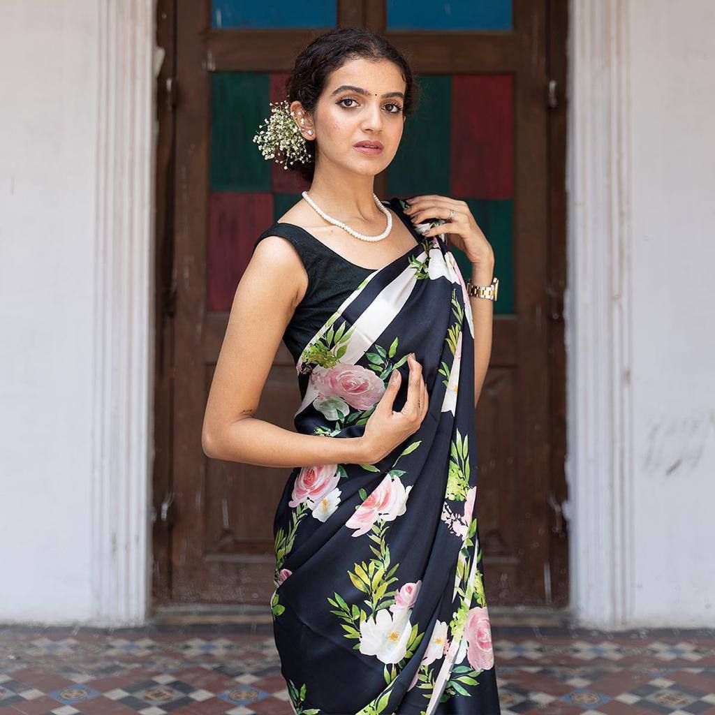 Floral Designs Printed Japan Satin Silk Saree