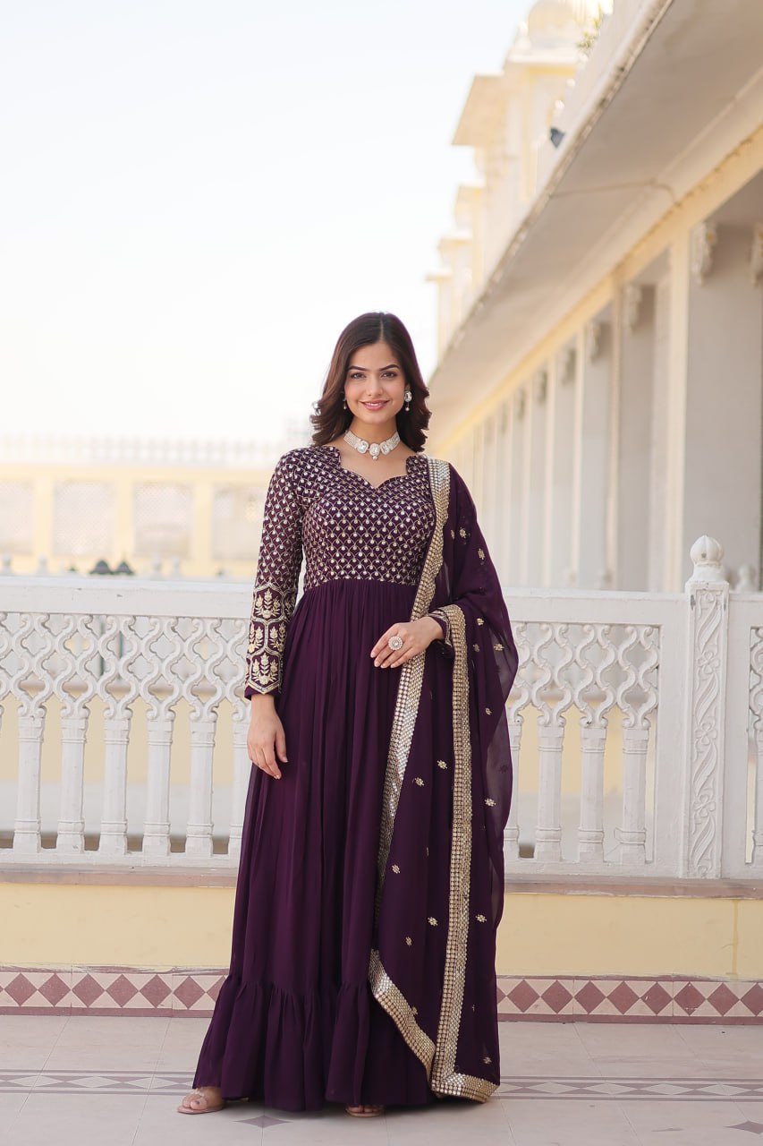 Premium Ready made Ethnic Wear Elegant Faux Blooming Sequin Embroidered Gown with Dupatta