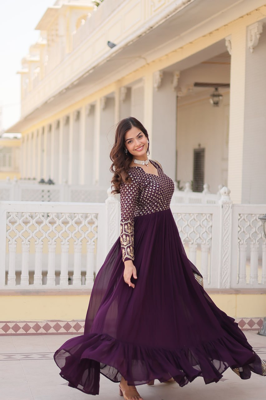 Premium Ready made Ethnic Wear Elegant Faux Blooming Sequin Embroidered Gown with Dupatta