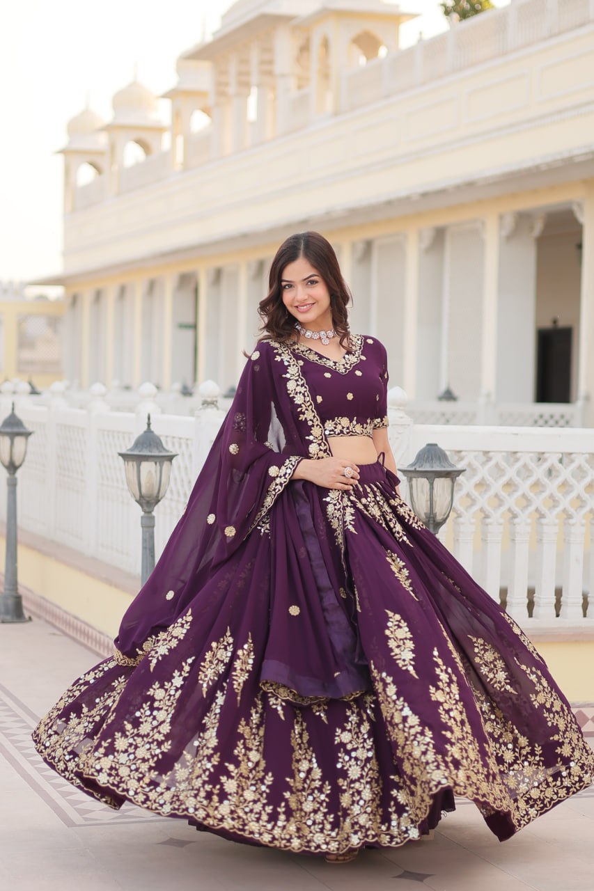 Wine Colour Embroidered Fully Flaired Georgette Lehenga Choli with Dupatta