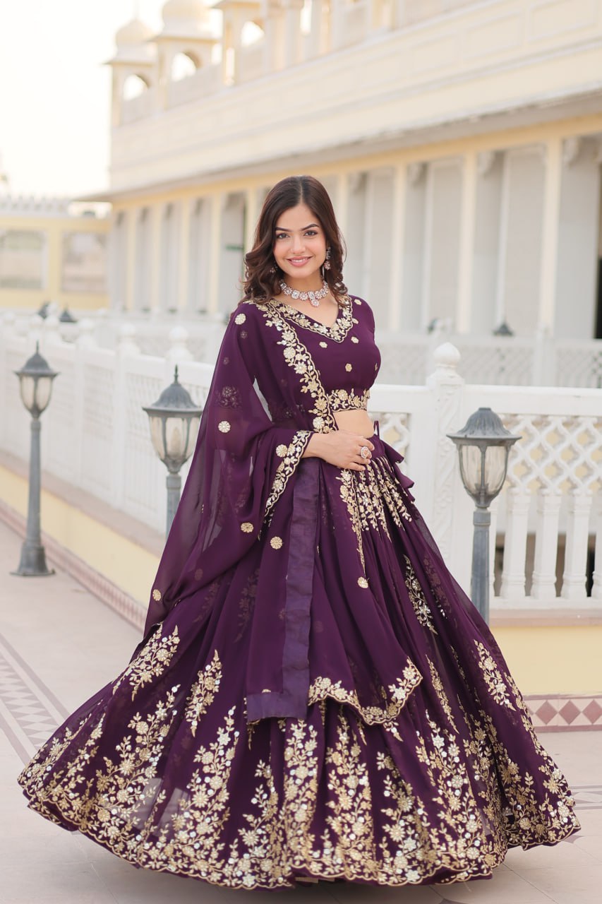 Wine Colour Embroidered Fully Flaired Georgette Lehenga Choli with Dupatta