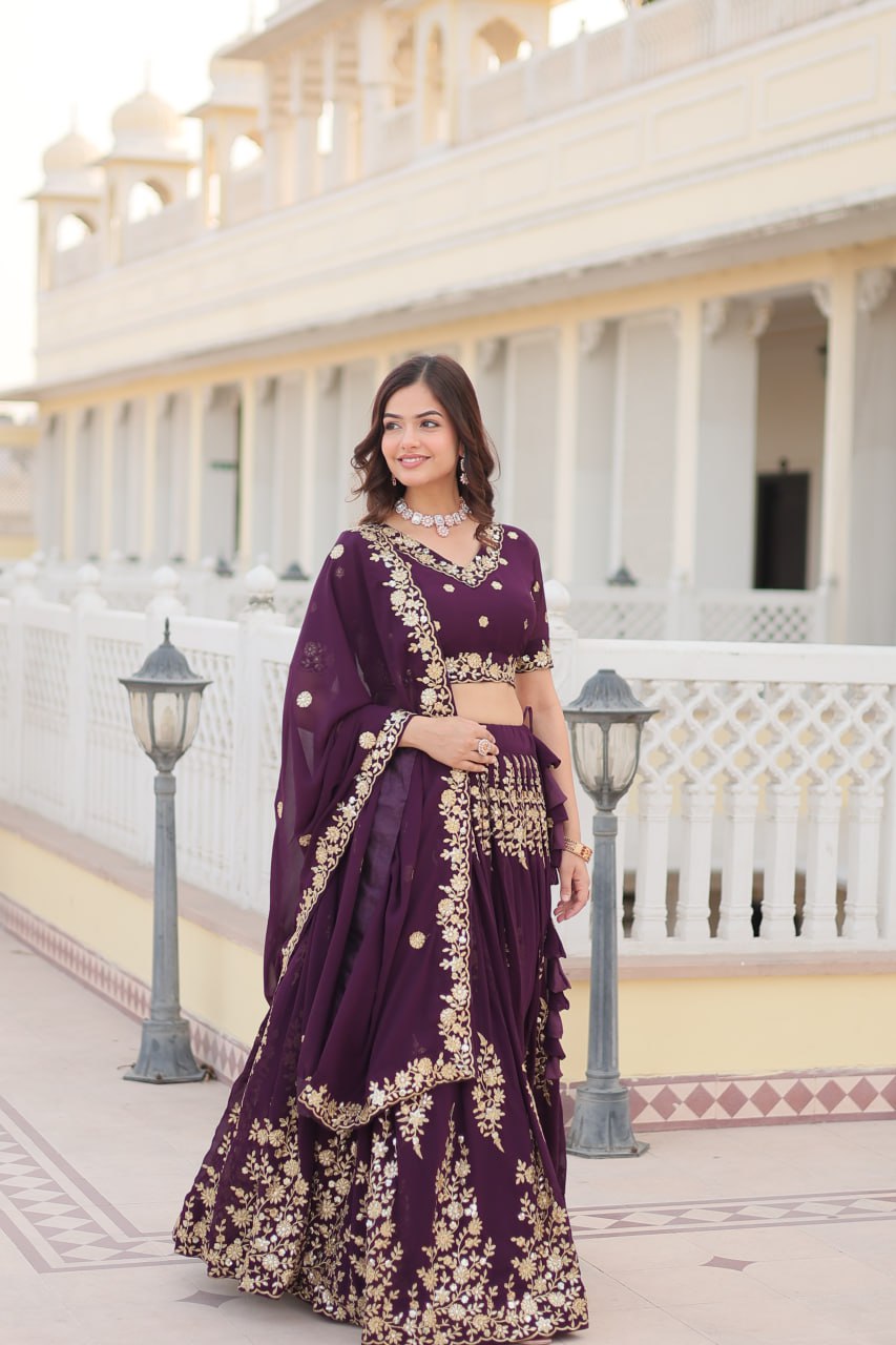 Wine Colour Embroidered Fully Flaired Georgette Lehenga Choli with Dupatta