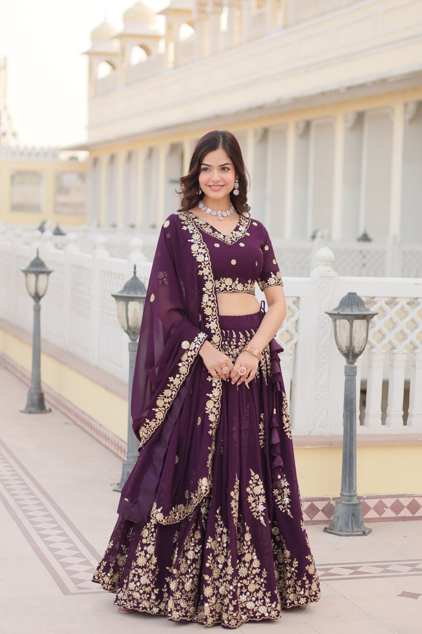 Wine Colour Embroidered Fully Flaired Georgette Lehenga Choli with Dupatta