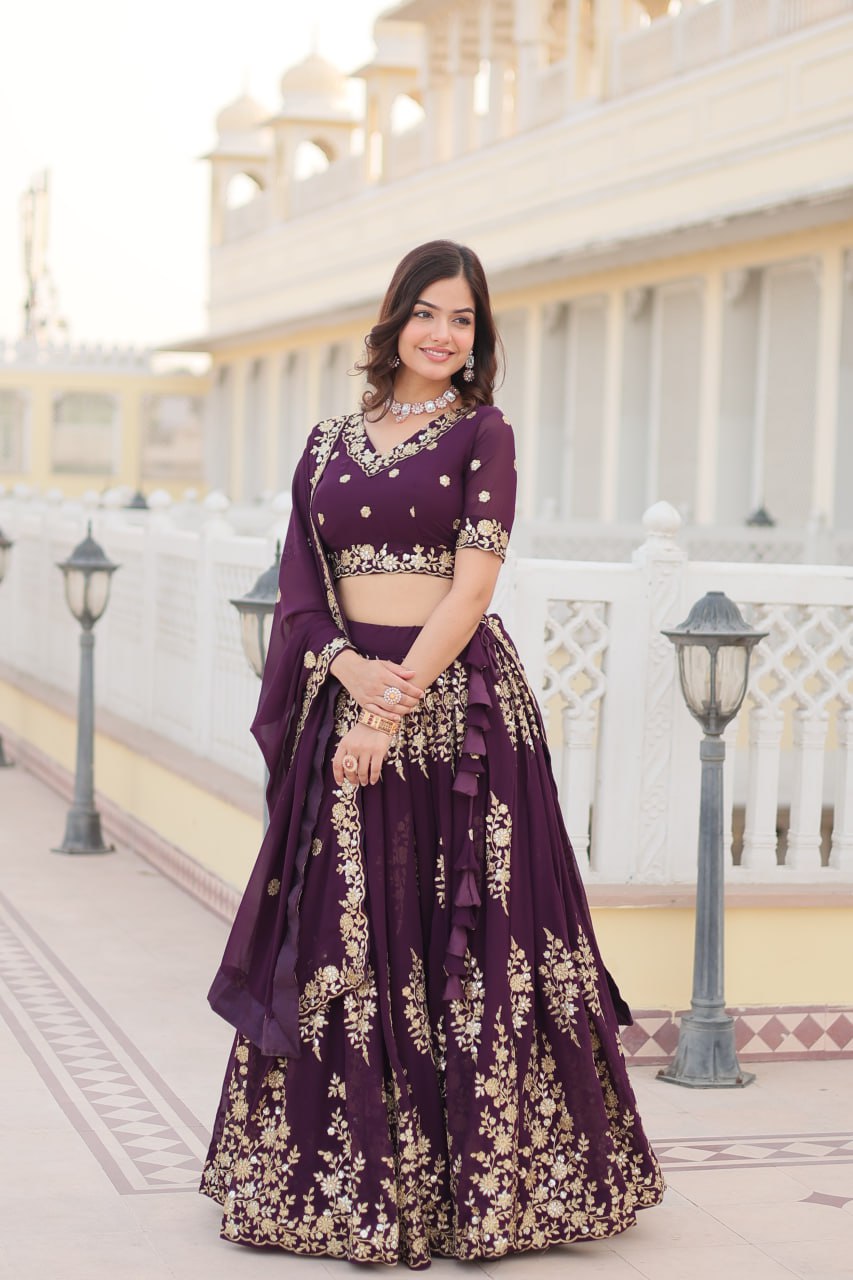 Wine Colour Embroidered Fully Flaired Georgette Lehenga Choli with Dupatta