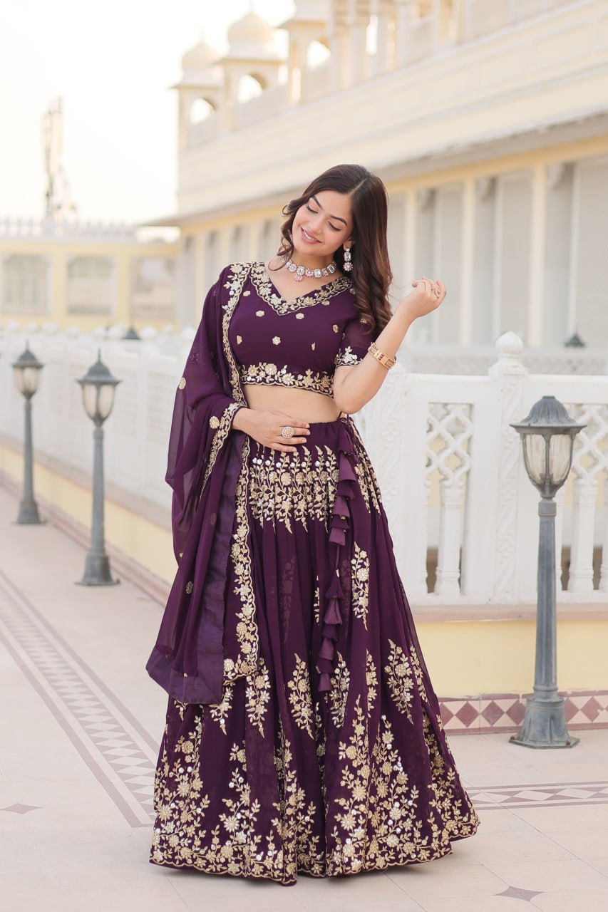 Wine Colour Embroidered Fully Flaired Georgette Lehenga Choli with Dupatta