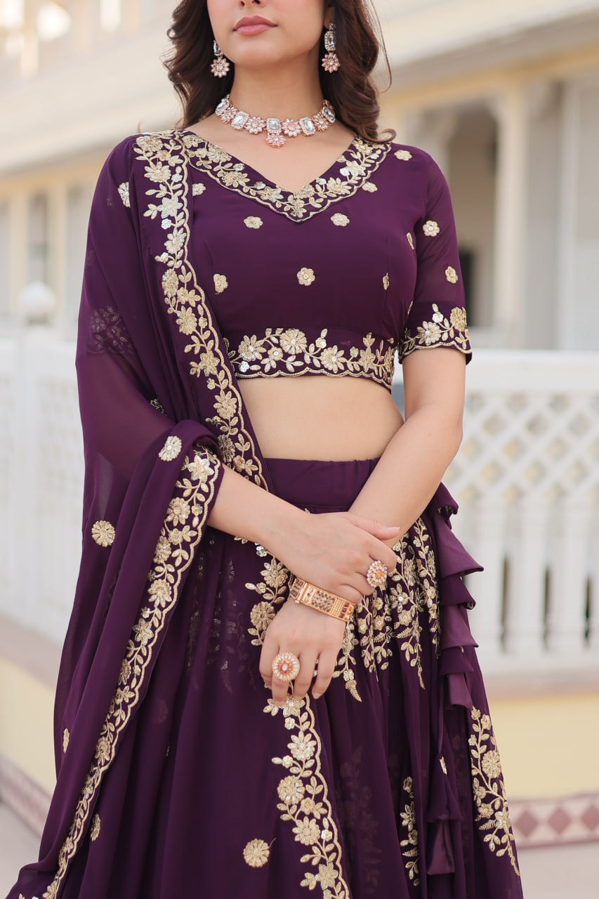 Wine Colour Embroidered Fully Flaired Georgette Lehenga Choli with Dupatta