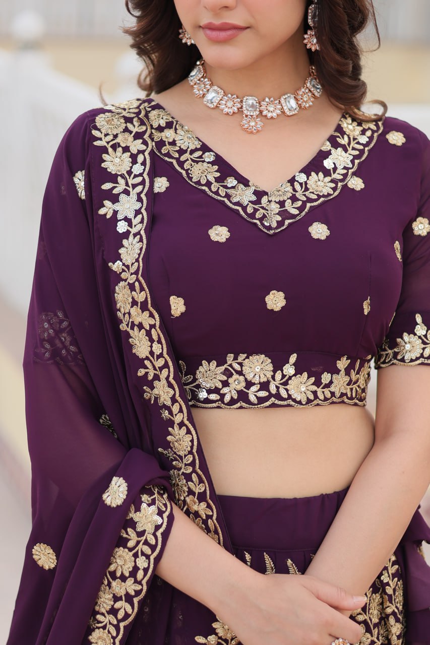 Wine Colour Embroidered Fully Flaired Georgette Lehenga Choli with Dupatta