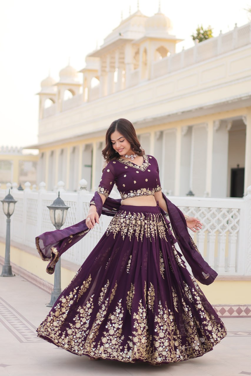 Wine Colour Embroidered Fully Flaired Georgette Lehenga Choli with Dupatta