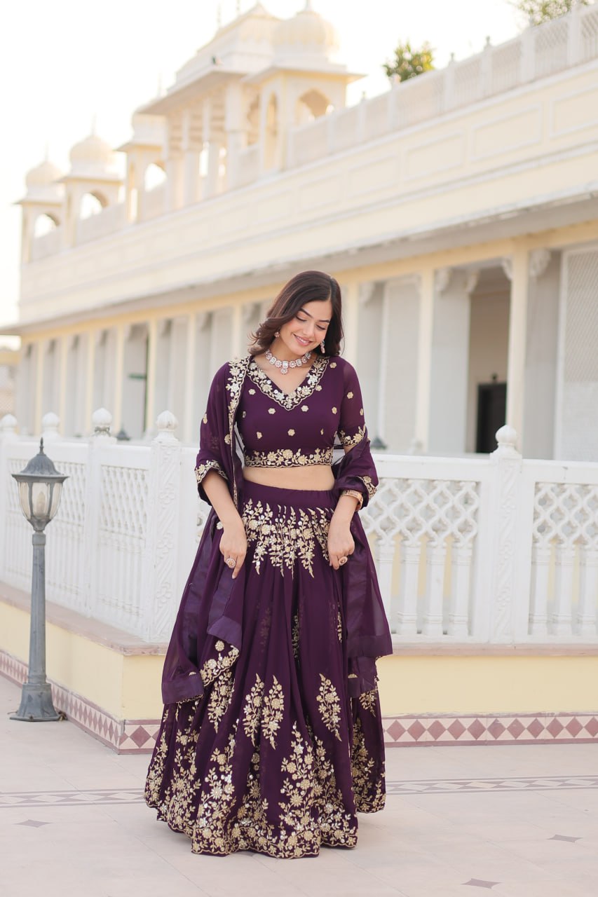 Wine Colour Embroidered Fully Flaired Georgette Lehenga Choli with Dupatta