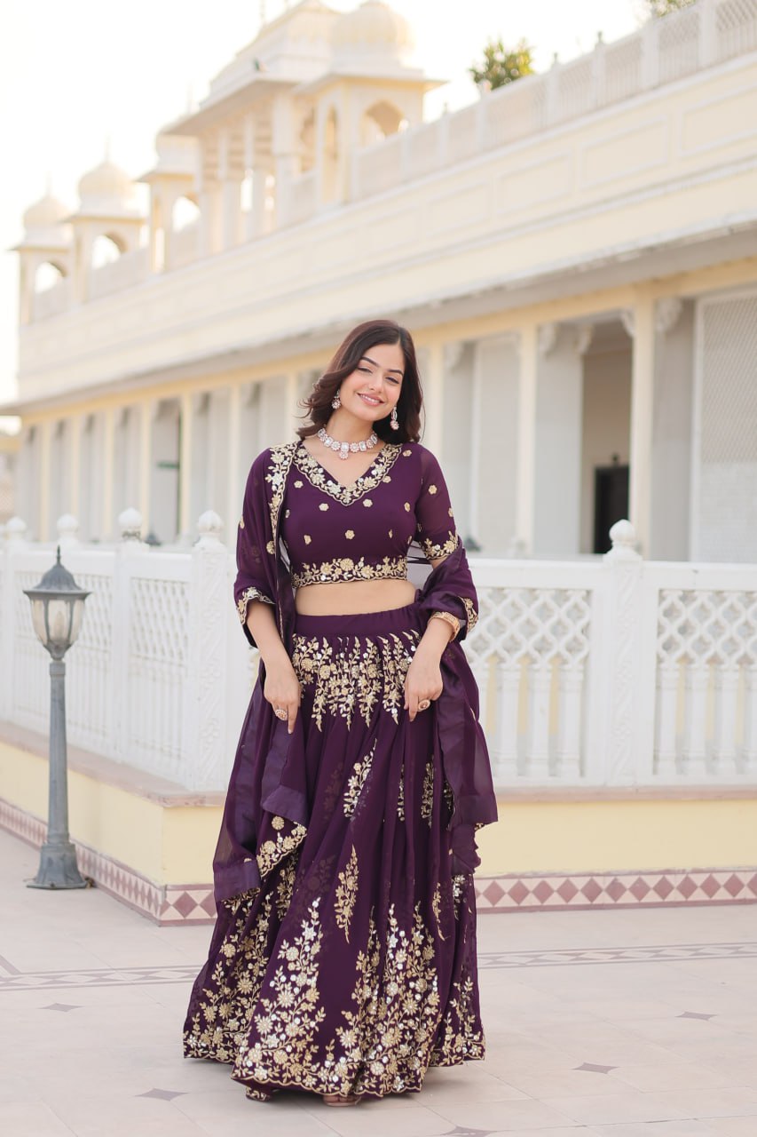 Wine Colour Embroidered Fully Flaired Georgette Lehenga Choli with Dupatta