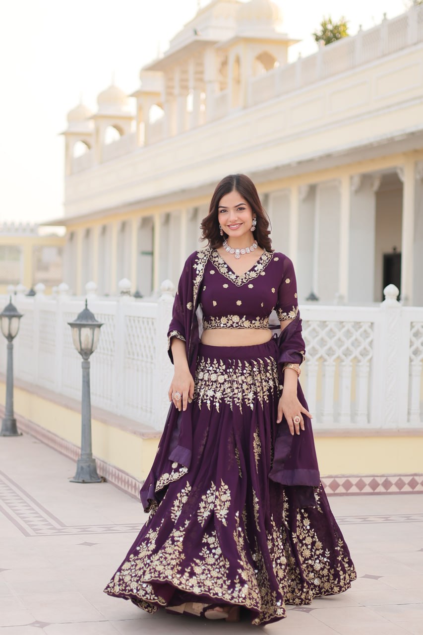 Wine Colour Embroidered Fully Flaired Georgette Lehenga Choli with Dupatta