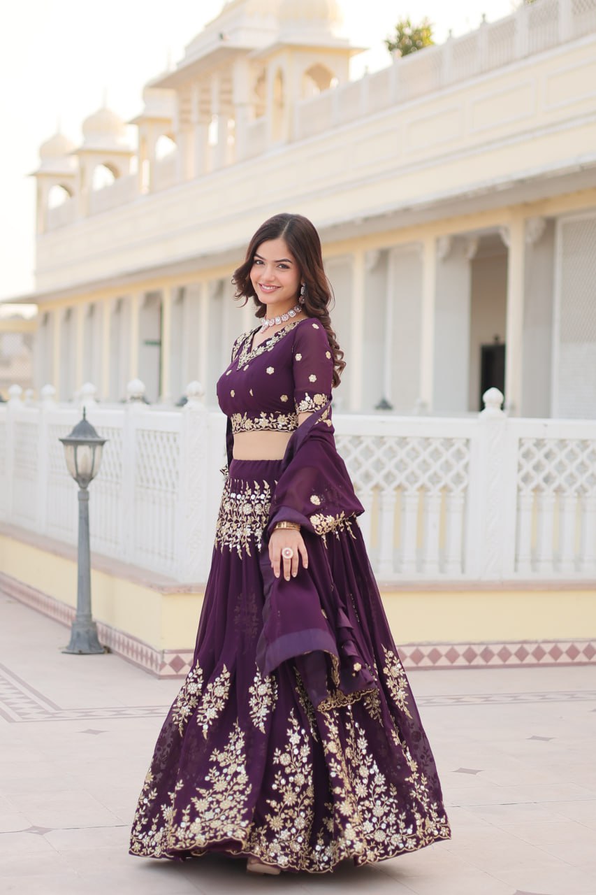 Wine Colour Embroidered Fully Flaired Georgette Lehenga Choli with Dupatta