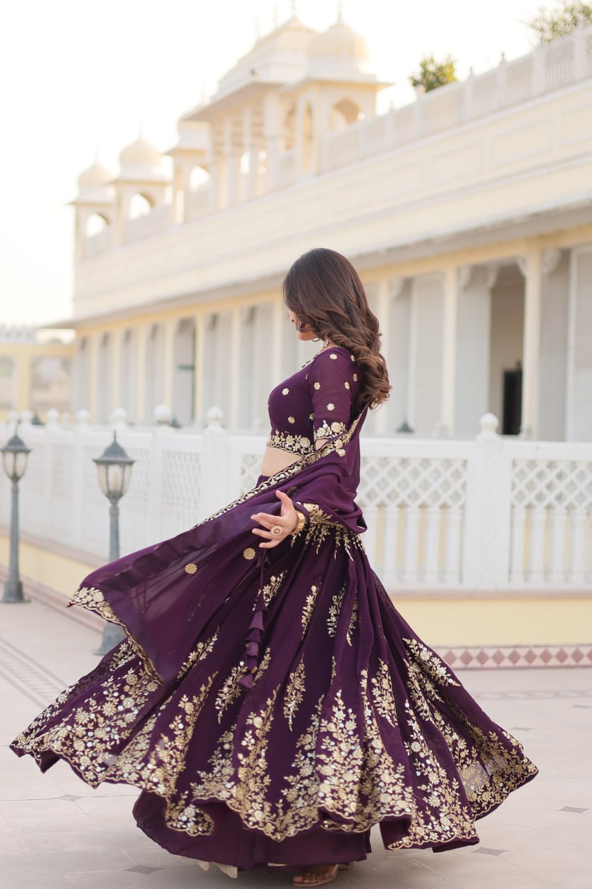 Wine Colour Embroidered Fully Flaired Georgette Lehenga Choli with Dupatta