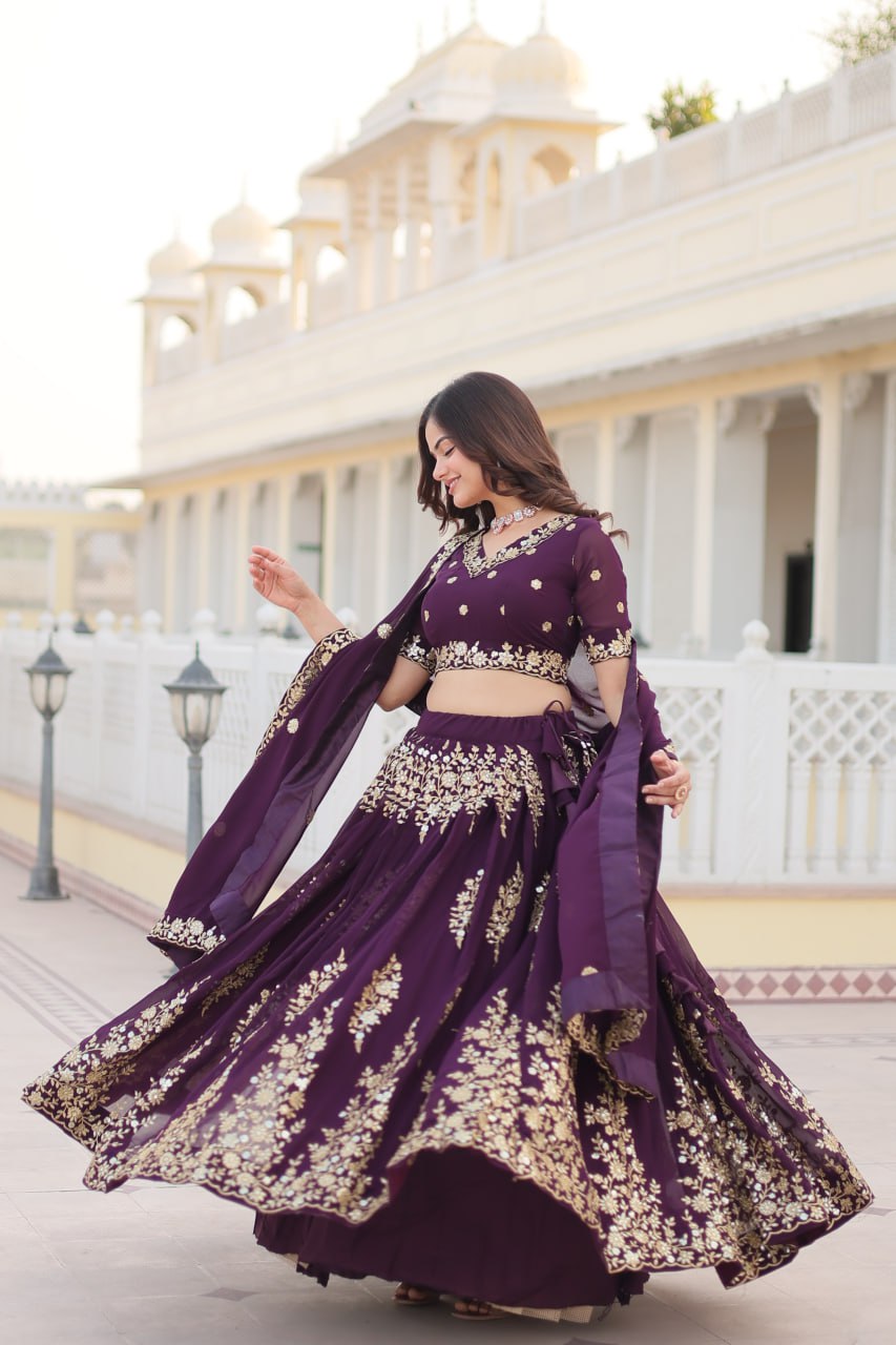 Wine Colour Embroidered Fully Flaired Georgette Lehenga Choli with Dupatta