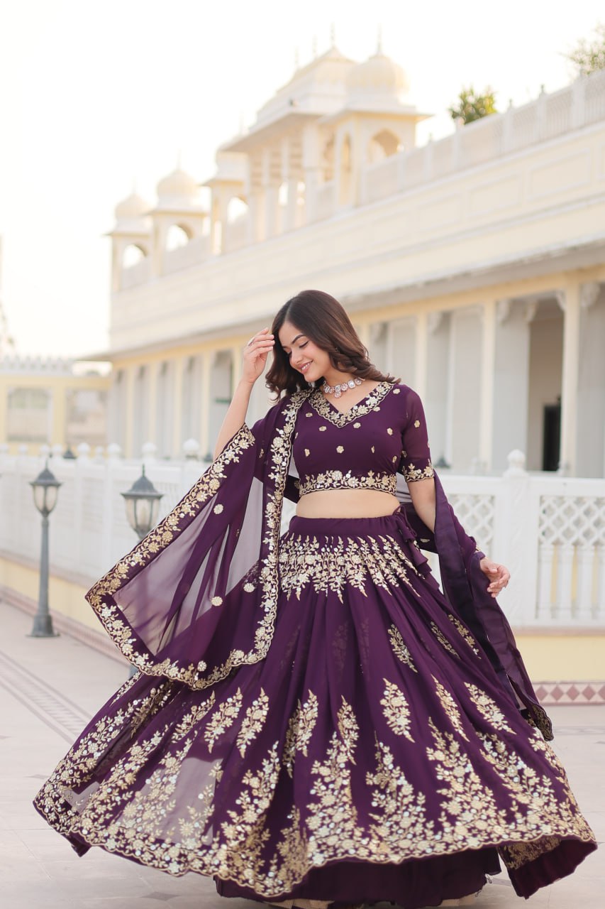 Wine Colour Embroidered Fully Flaired Georgette Lehenga Choli with Dupatta