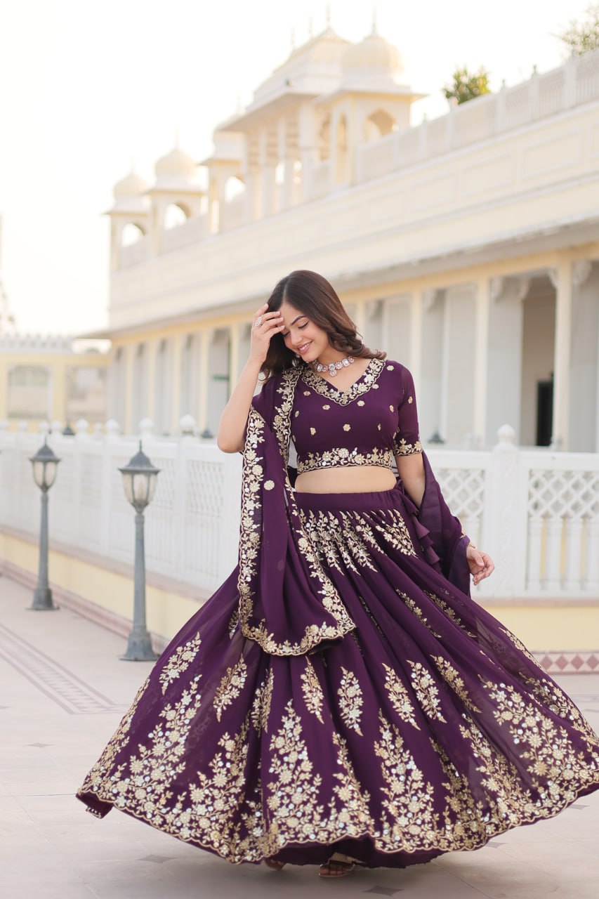 Wine Colour Embroidered Fully Flaired Georgette Lehenga Choli with Dupatta