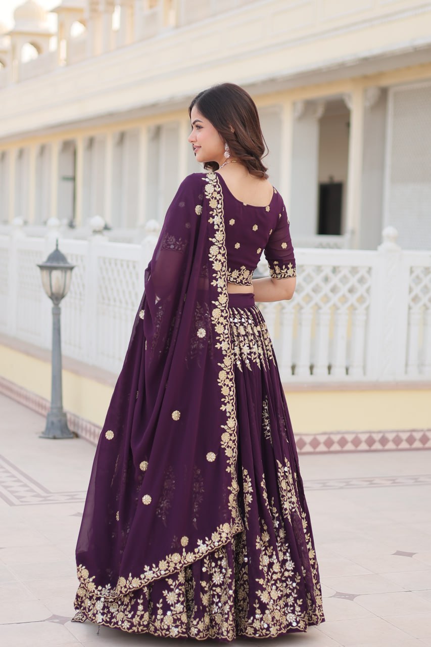 Wine Colour Embroidered Fully Flaired Georgette Lehenga Choli with Dupatta