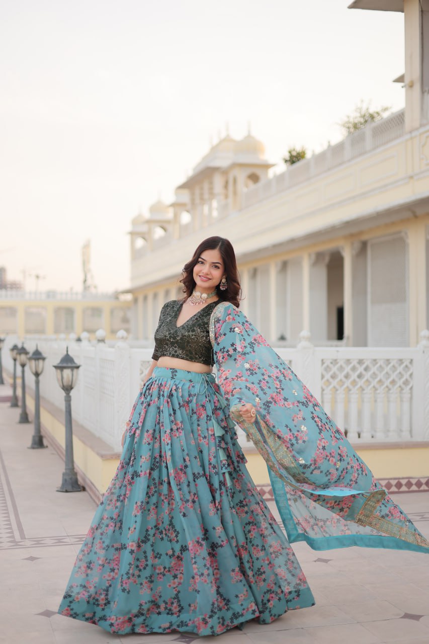 Women's Beautiful Digital Printed Russian Silk Lehenga Choli Set