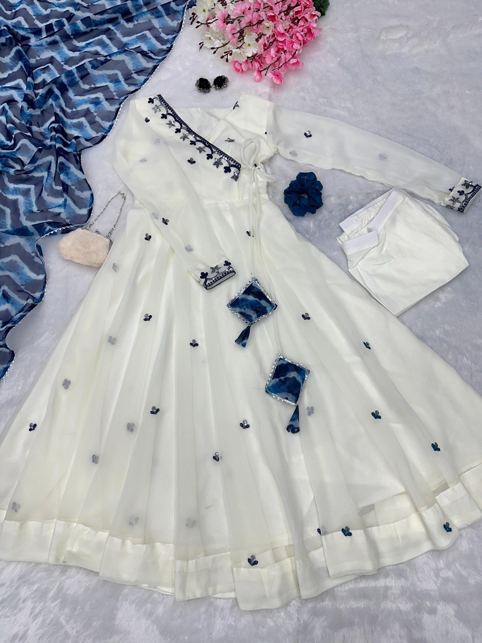 Embroidery Butta Work White Anarkali Gown with  & Georgette Dupatta and Butter Silk Pant