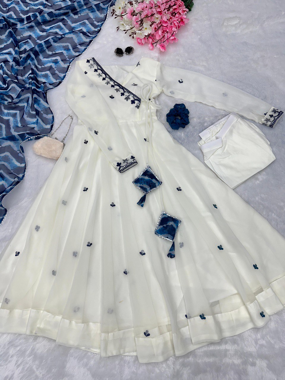 Embroidery Butta Work White Anarkali Gown with  & Georgette Dupatta and Butter Silk Pant