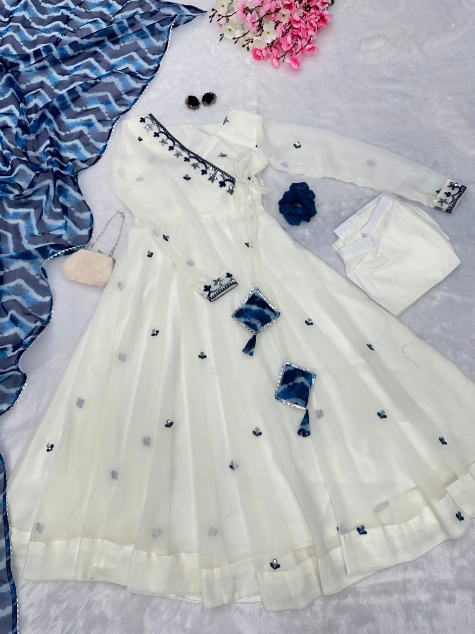 Embroidery Butta Work White Anarkali Gown with  & Georgette Dupatta and Butter Silk Pant