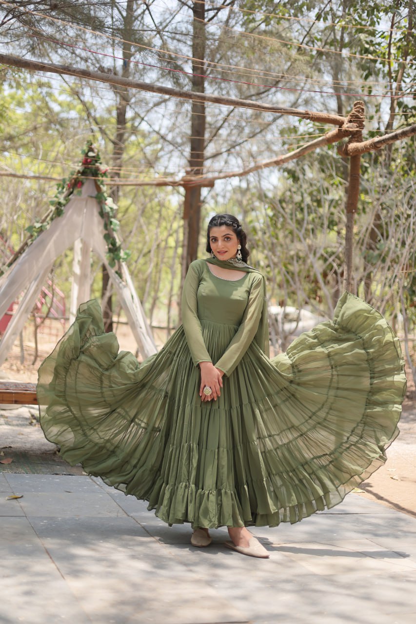 Premium Faux Georgette Gown with Embroidered Dupatta