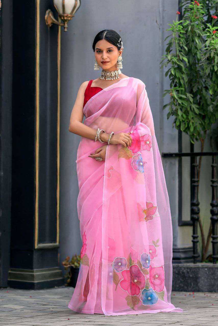 "Pure Organza Saree with Pink Digital Print and Pearl Handwork | Unstitched Bangalory Satin Blouse"