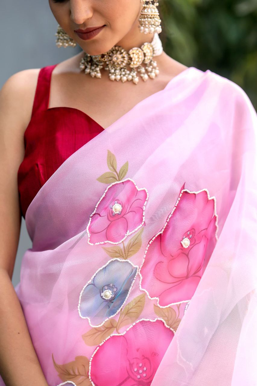 "Pure Organza Saree with Pink Digital Print and Pearl Handwork | Unstitched Bangalory Satin Blouse"