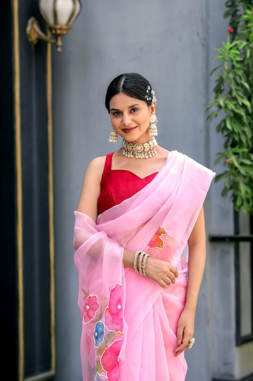 "Pure Organza Saree with Pink Digital Print and Pearl Handwork | Unstitched Bangalory Satin Blouse"