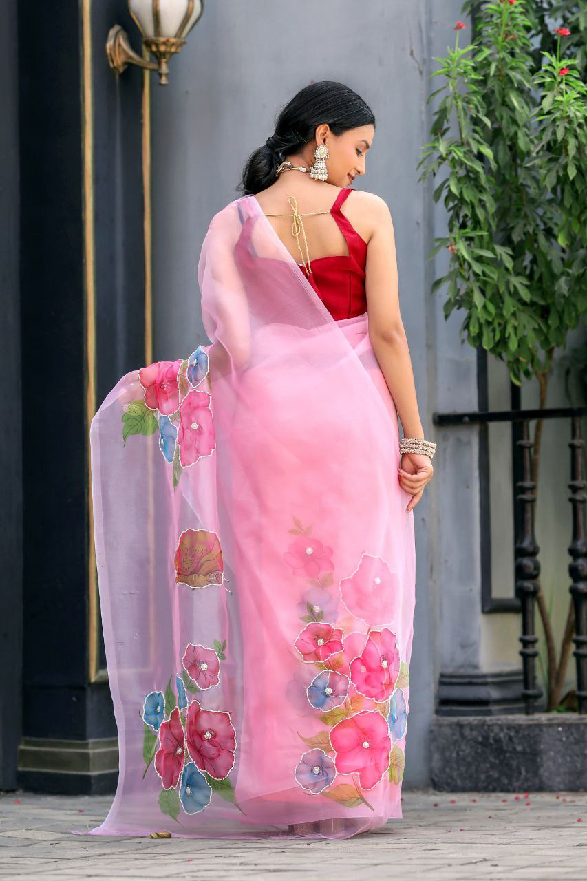 "Pure Organza Saree with Pink Digital Print and Pearl Handwork | Unstitched Bangalory Satin Blouse"