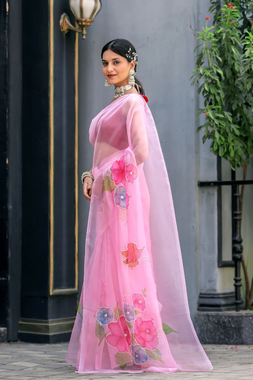 "Pure Organza Saree with Pink Digital Print and Pearl Handwork | Unstitched Bangalory Satin Blouse"