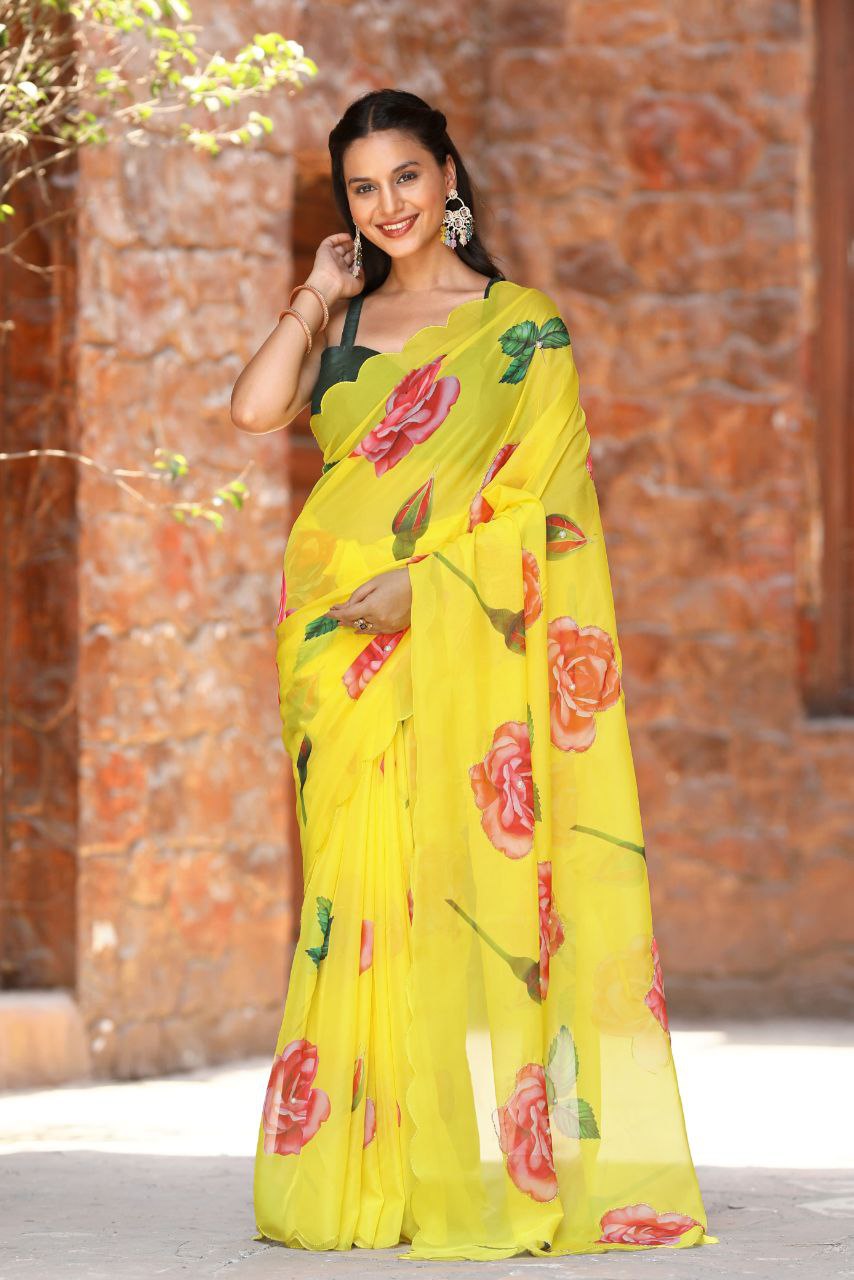 Women's Beautiful Aarco Cut Border Soft tabby Organza Floral Digital Printed Saree With Blouse