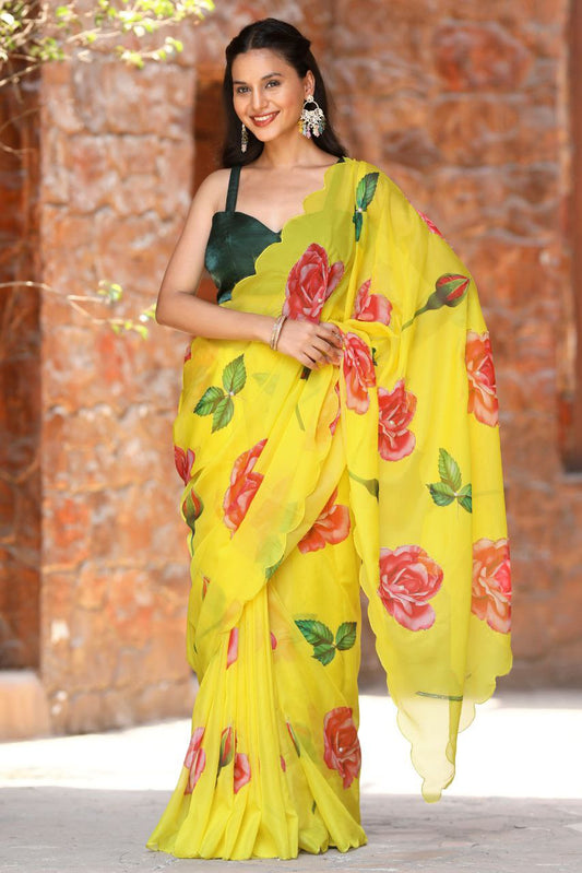 Women's Beautiful Aarco Cut Border Soft tabby Organza Floral Digital Printed Saree With Blouse