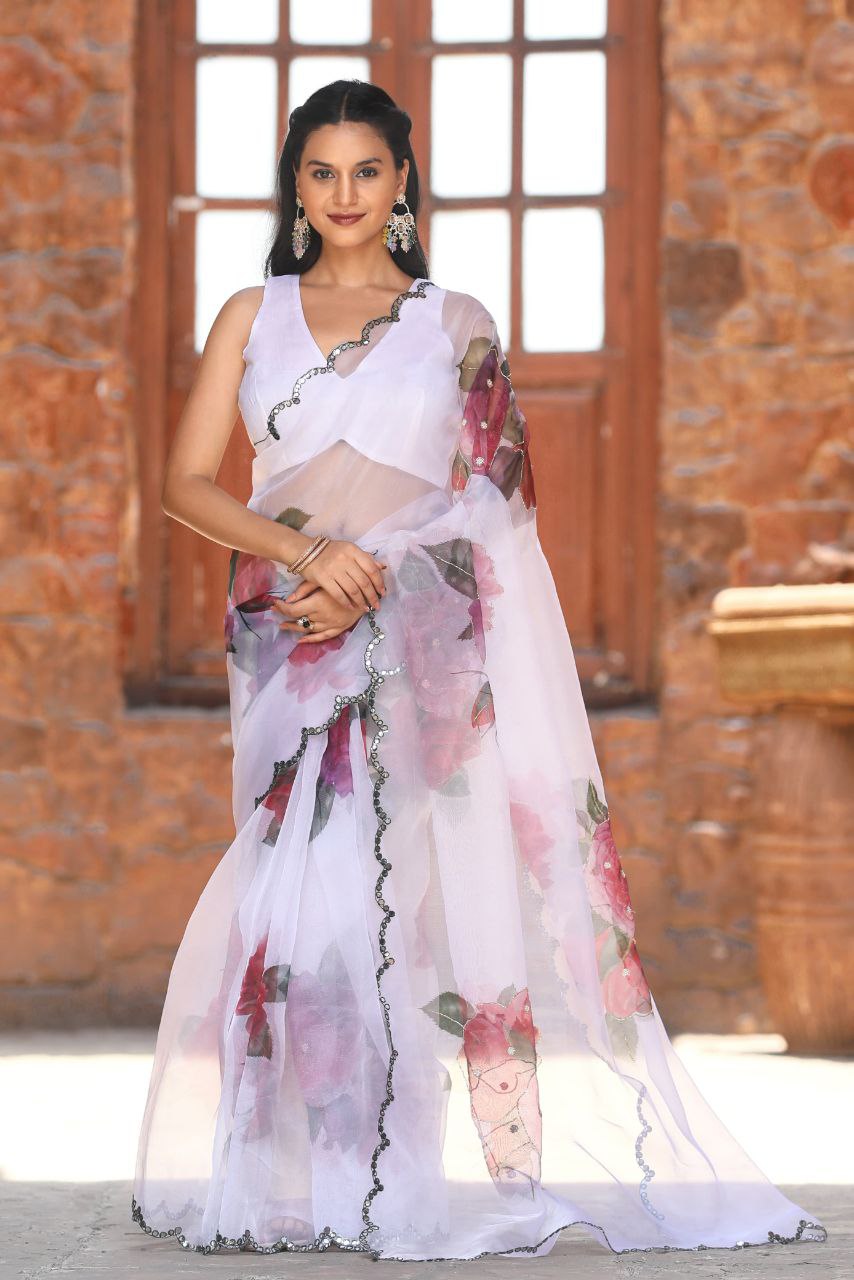 Soft Pure Organza Lavender White Saree with Blouse